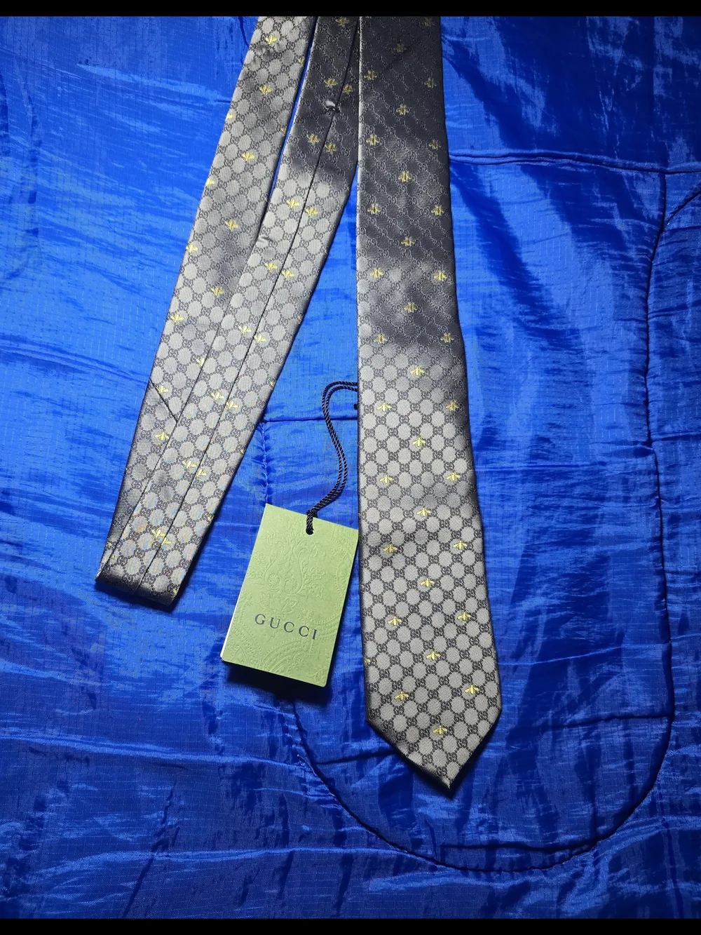 Gucci Gray Silk Tie with Gold Bee Motif